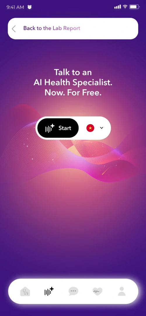 AI call screen with a Start button and a language selector