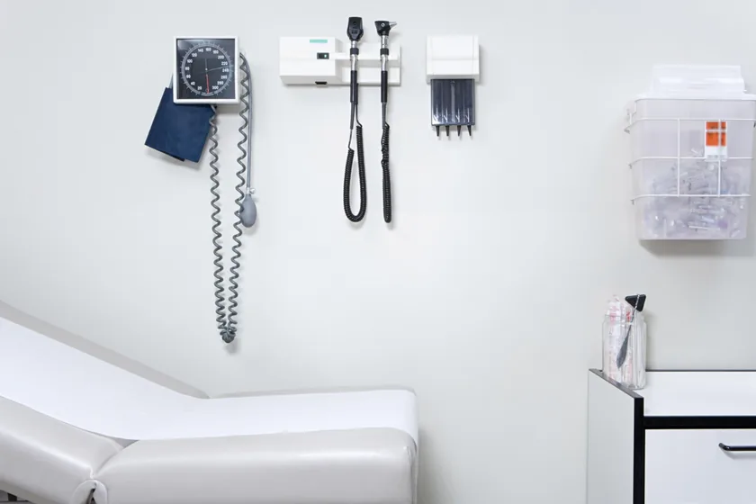 Medical exam room with diagnostic instruments