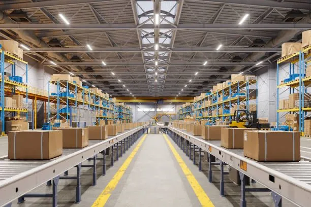 Warehouse with parcels on conveyor lines